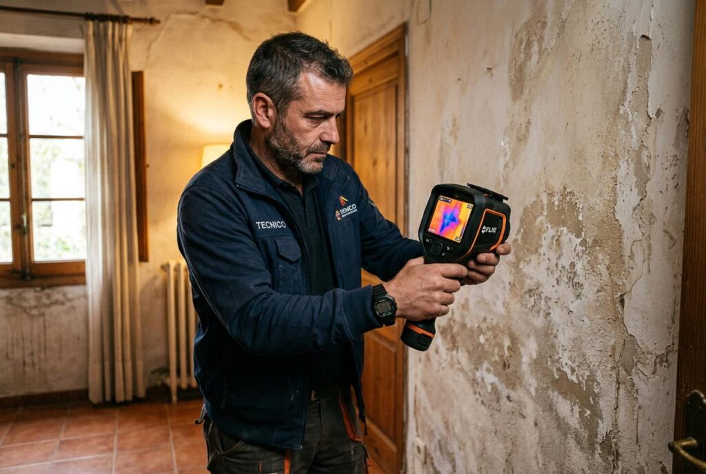 Técnico especialista realizando un diagnóstico termográfico con cámara FLIR para localizar frentes de humedad ocultos en el interior de un muro. La termografía es una de las herramientas más precisas del diagnóstico moderno de humedades.