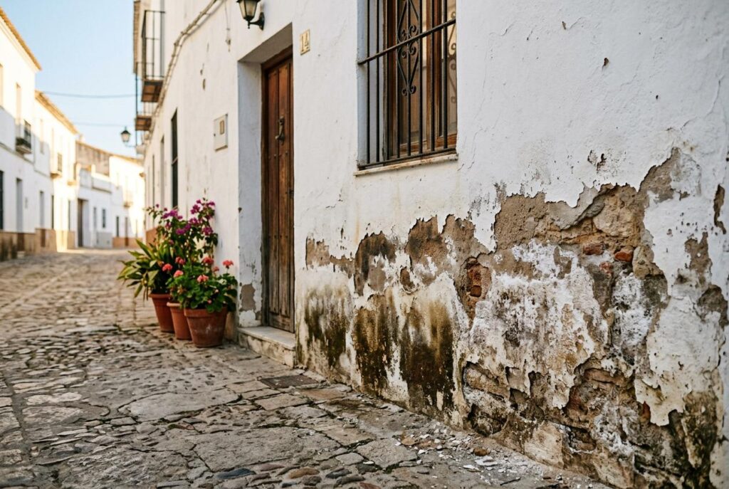 Fachada de vivienda tradicional andaluza con daños severos por humedad capilar: eflorescencias salinas, desprendimiento de revoco y ladrillo expuesto en la parte baja del muro.