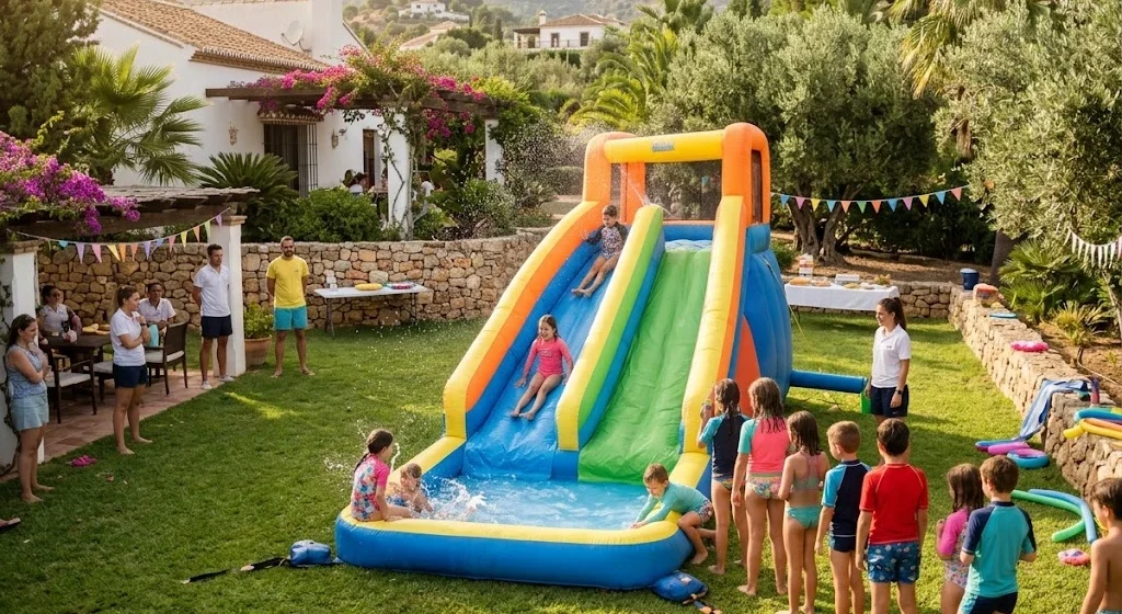 Tobogán hinchable acuático en el jardín de una casa andaluza con niños.